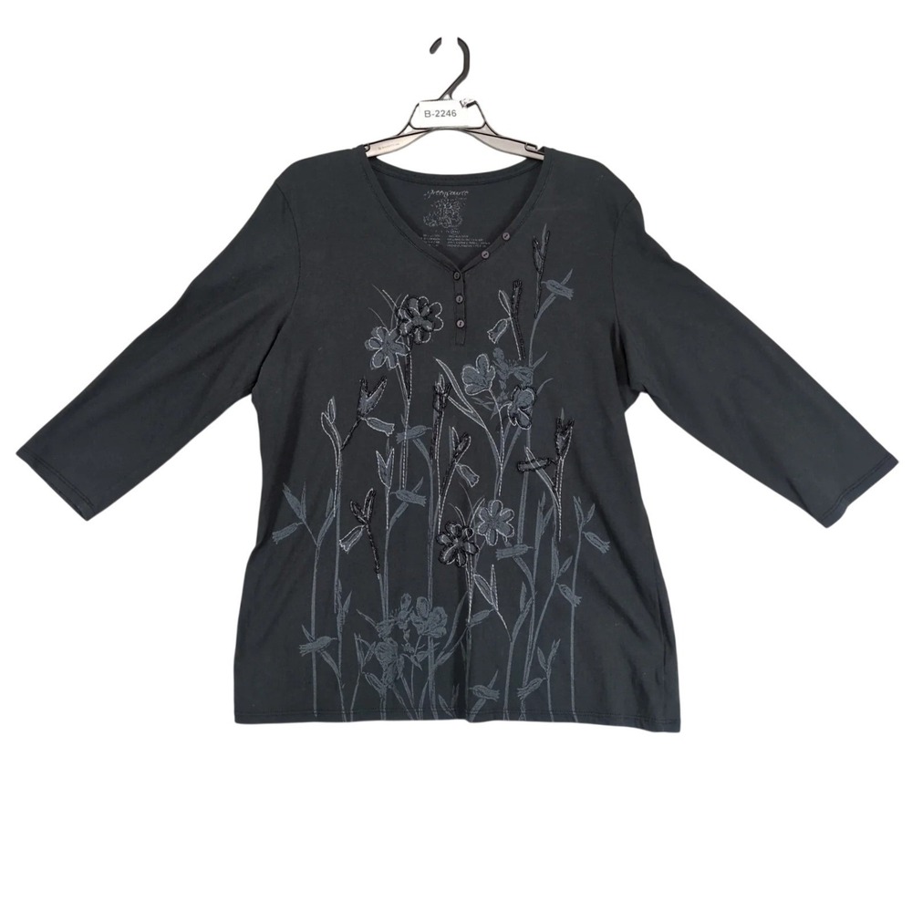Greensource Black Floral Henley Top Womens XXL Beaded Embroidered Whimsigoth Y2K